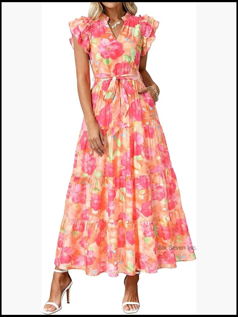 Viscose Polyamide Maxi Dress With Ruffle Sleeves And Pockets